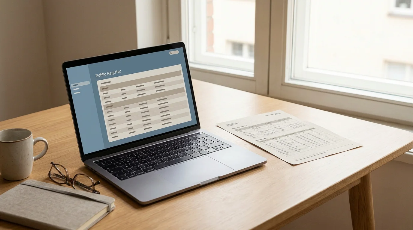 Notebook mit geöffneter GGL-Whitelist und einem Ausdruck daneben