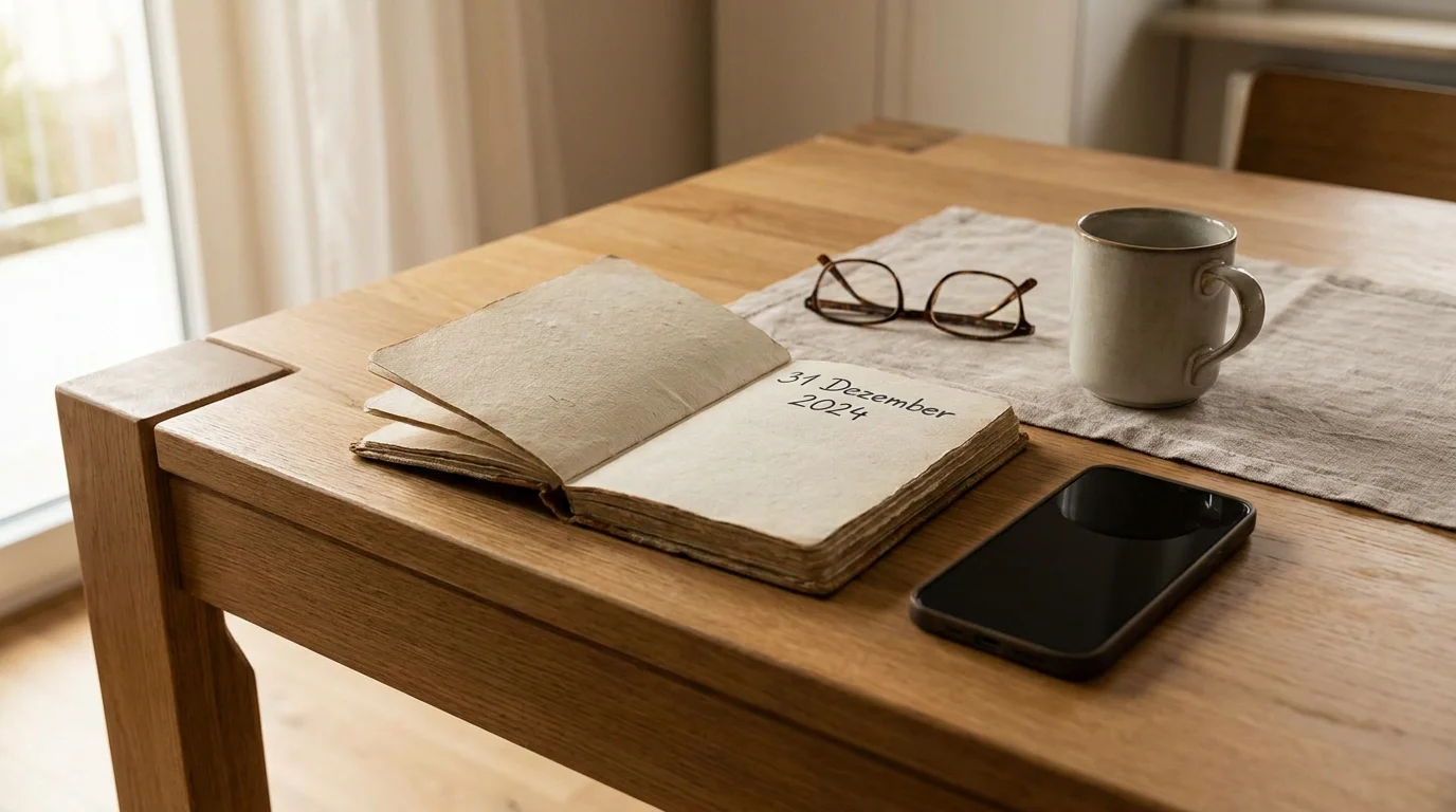 Notizbuch mit Datum 31. Dezember 2024, daneben ein Smartphone ohne aktive Banking-App