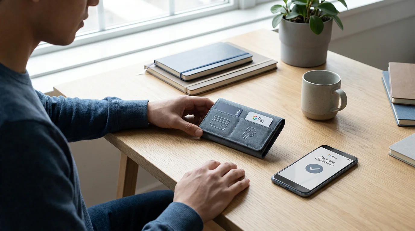 Symbolische Wallet mit Quellen-Karten und Casino-Ziel