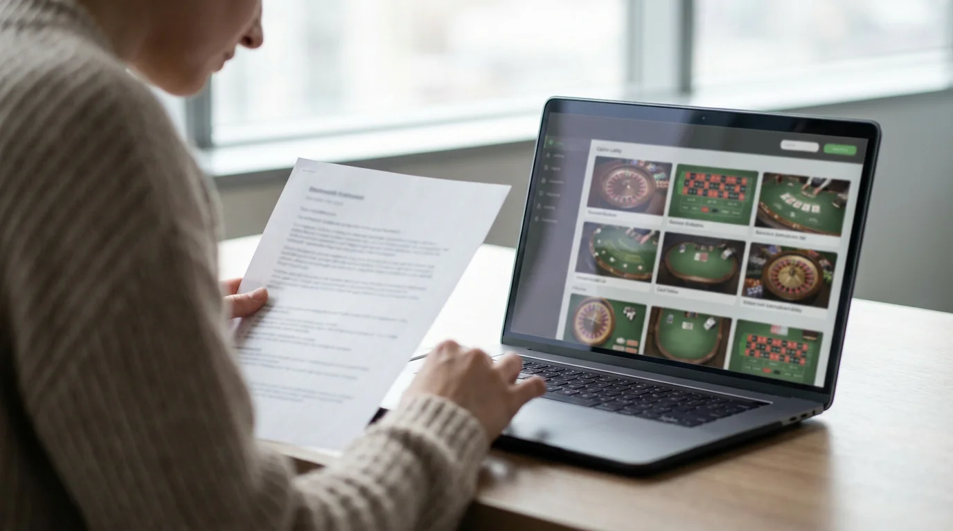 Laptop mit neutraler internationaler Live-Casino-Lobby und Auszahlungsbedingungen