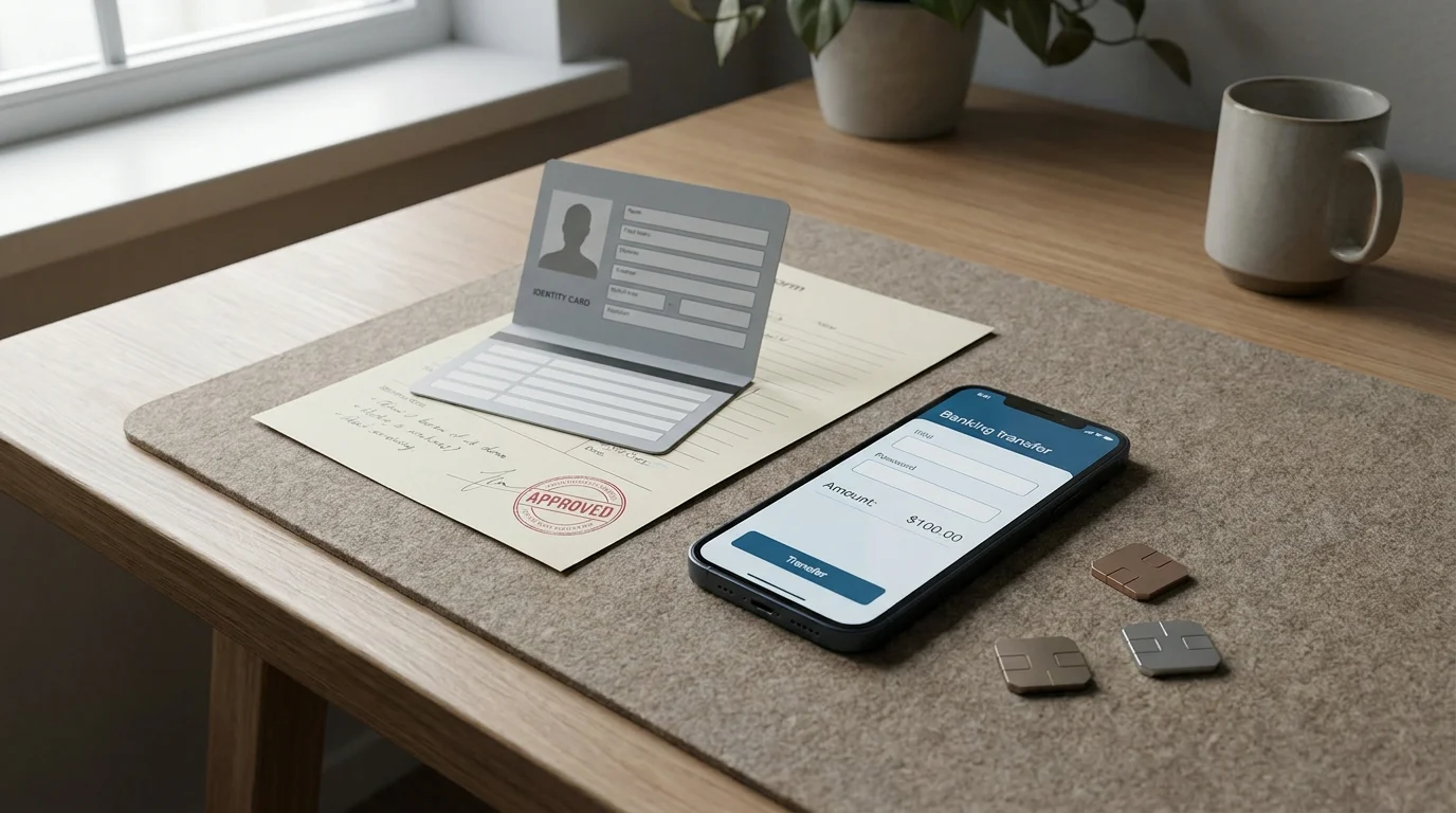 Schreibtisch mit Ausweisdokument, gestempeltem Formular und Banking-Ansicht auf dem Smartphone