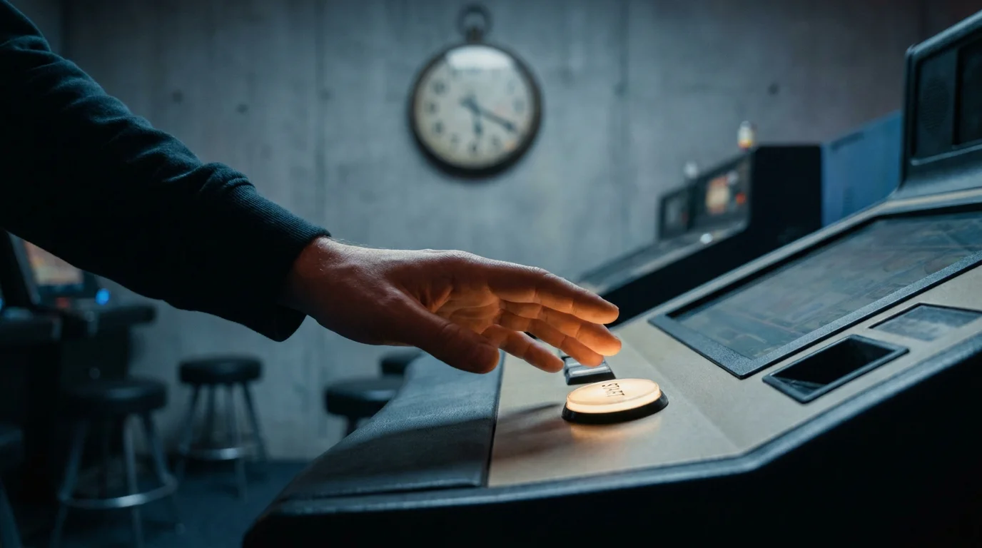 Hand über der Starttaste eines Spielautomaten mit angedeutetem Zeitelement