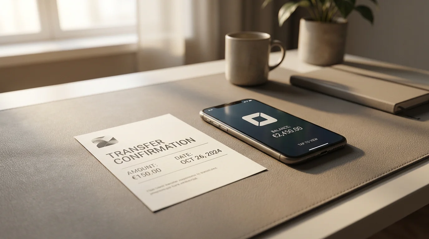 Stilisierte Banküberweisungs-Quittung auf einem Schreibtisch, daneben ein Smartphone mit neutralem Banking-App-Startbildschirm, kein Kassenbon, keine Geldscheine, gedämpftes Licht