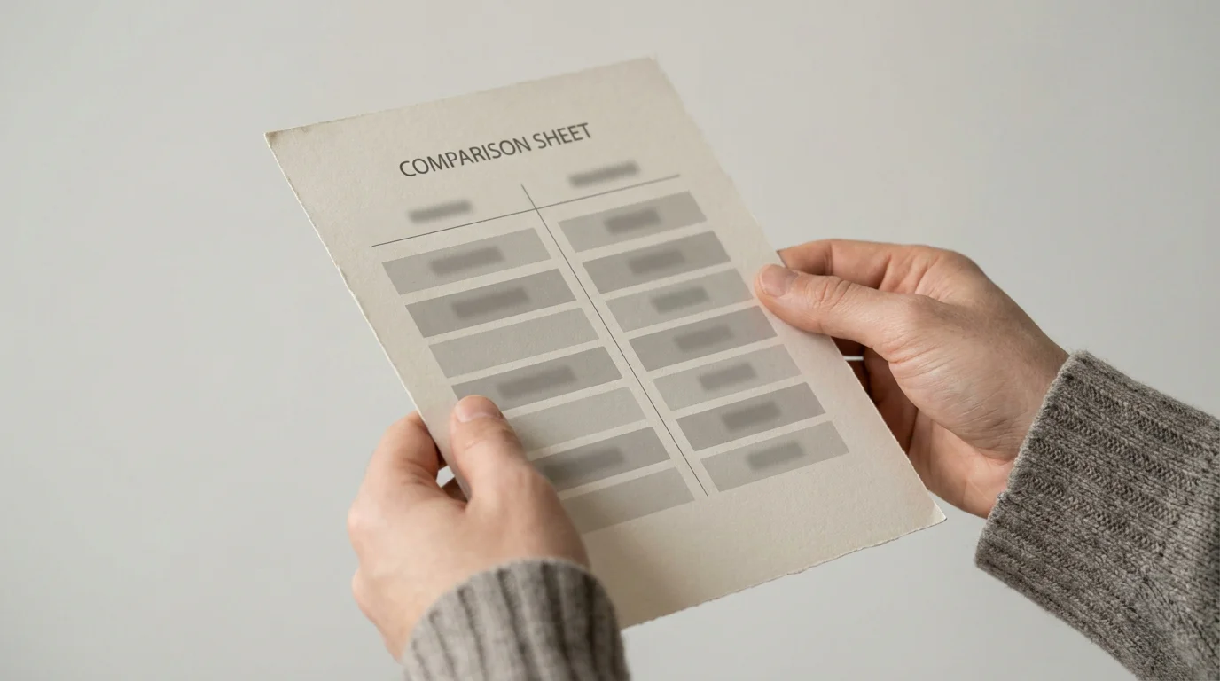 Übersichtliche zweispaltige Vergleichstabelle auf Papier, gehalten von zwei Händen, mit abgeblendeten anstelle echter Marken-Einträge, helles Tageslicht