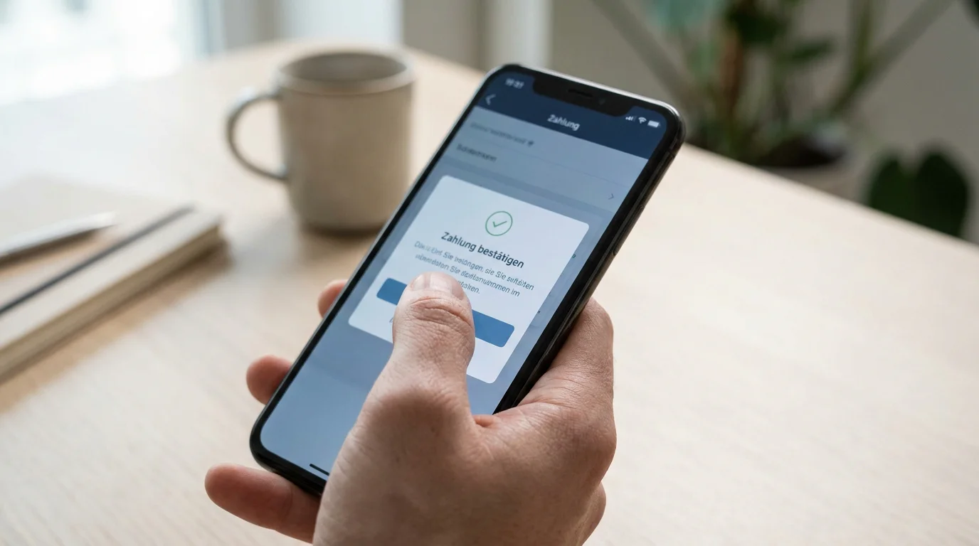 Smartphone in der Hand vor einem neutralen Desktop-Hintergrund, Bildschirm zeigt eine zurückhaltende Banking-App mit Bestätigungsdialog, ruhige Komposition