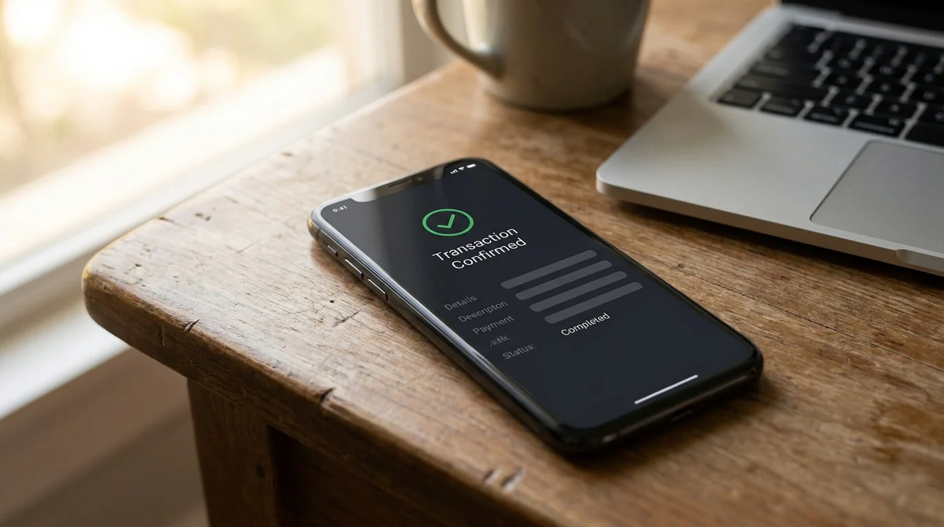 Smartphone mit Krypto-Wallet-App und Bitcoin-Transaktionsbestätigung auf Bildschirm