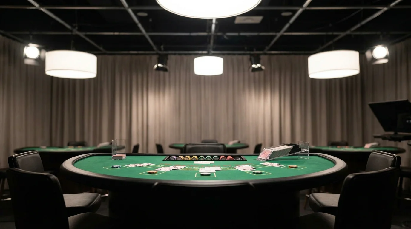 Live-Croupier-Tisch in einem Studio, neutrales Licht, keine Logos