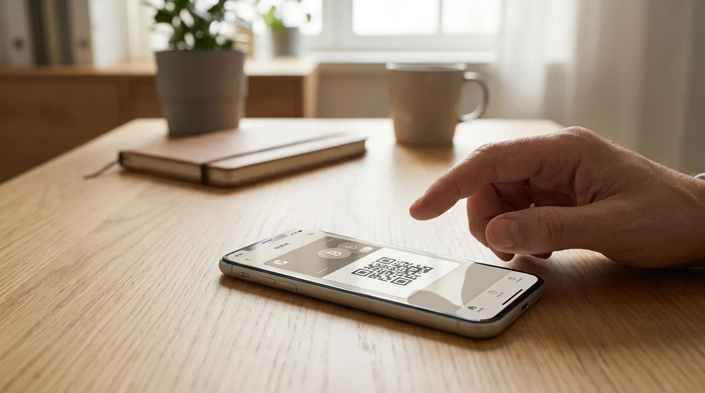 Smartphone mit offener Krypto-Wallet und einem QR-Code für eine Casino-Einzahlung