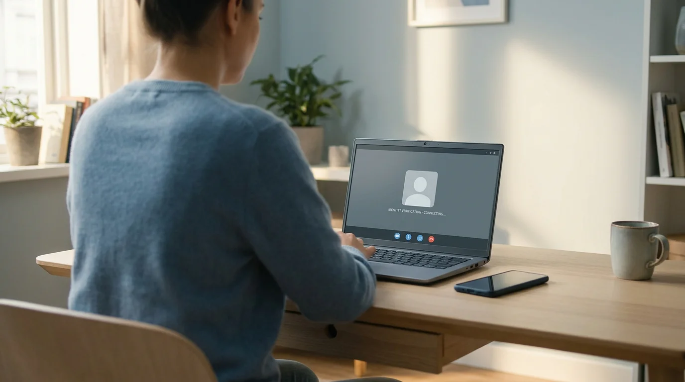 Person am Schreibtisch bei der Online-Identitätsprüfung per Laptop