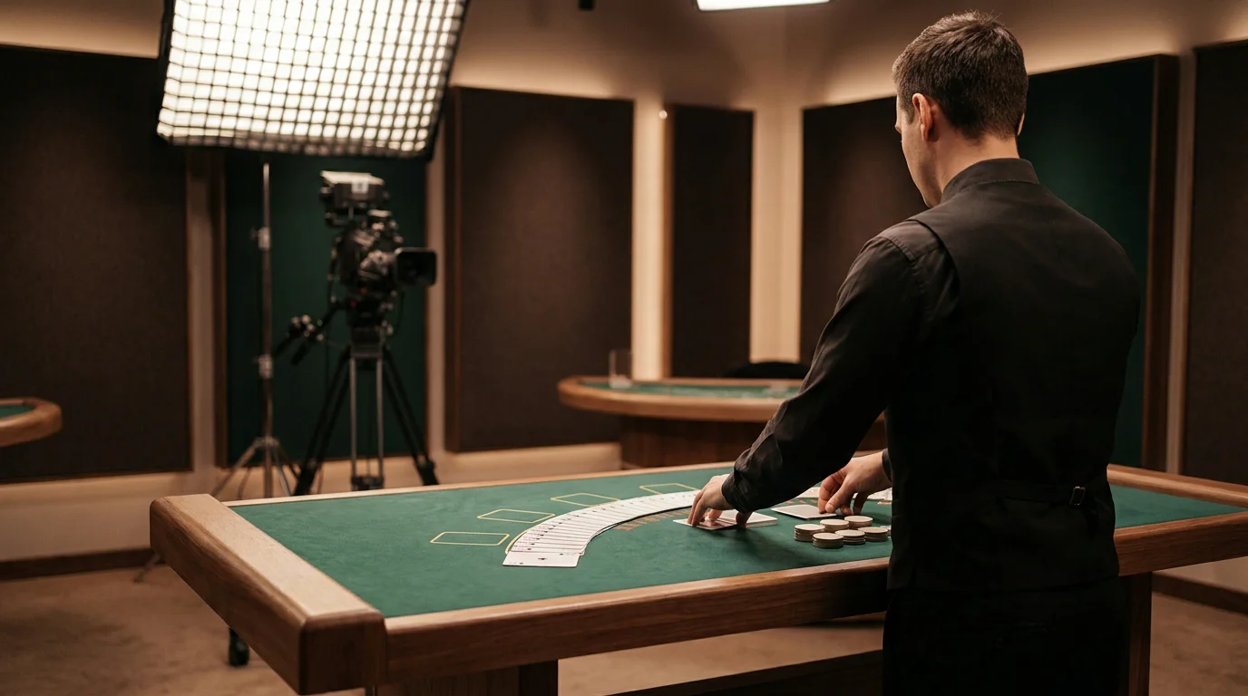 Live-Casino-Studio mit Blackjack-Tisch, Kameras und Croupier von hinten