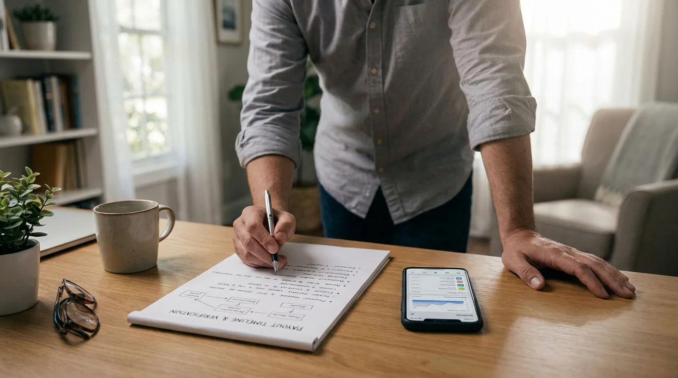 Person mit Notizbuch, Stift und neutralem Auszahlungsschema