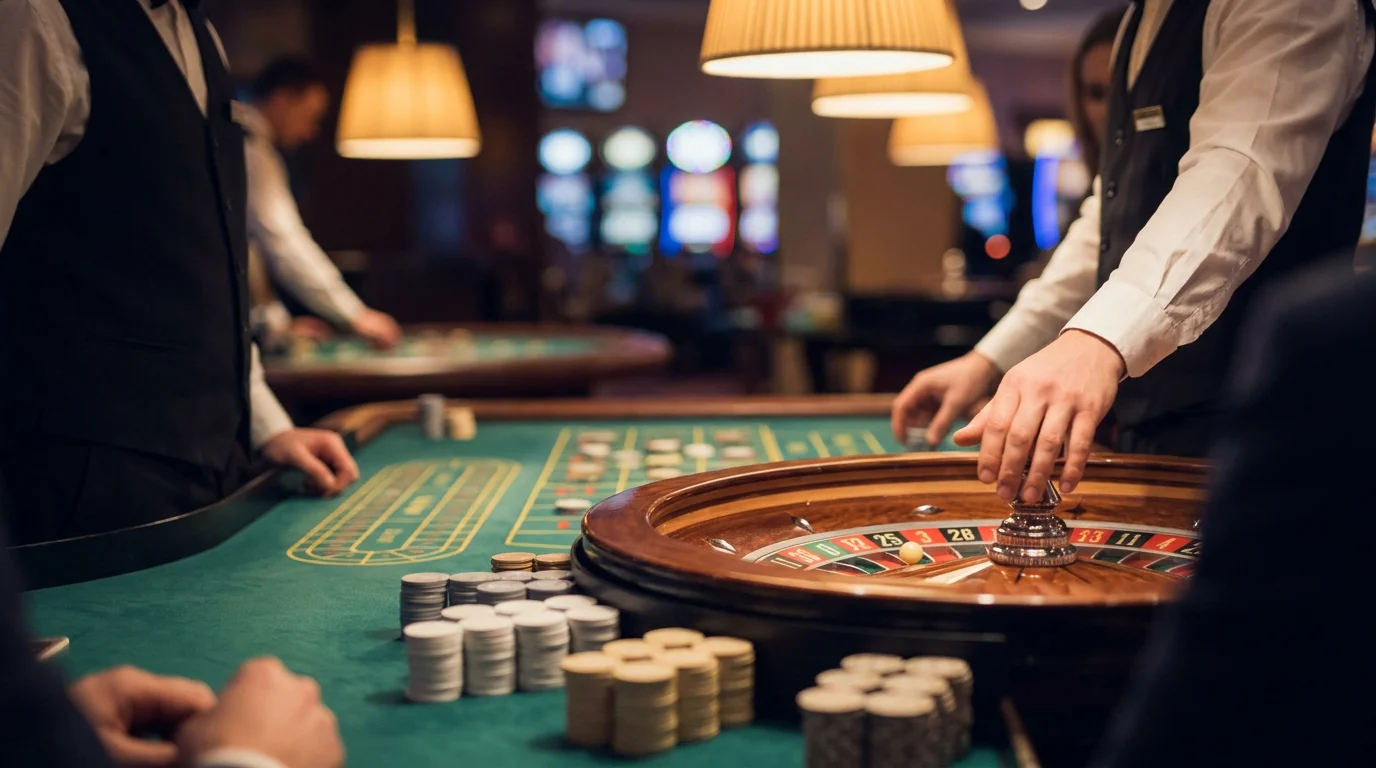 Roulette-Tisch mit Live-Croupier in neutralem Casino-Ambiente, Spieler-Hände sichtbar
