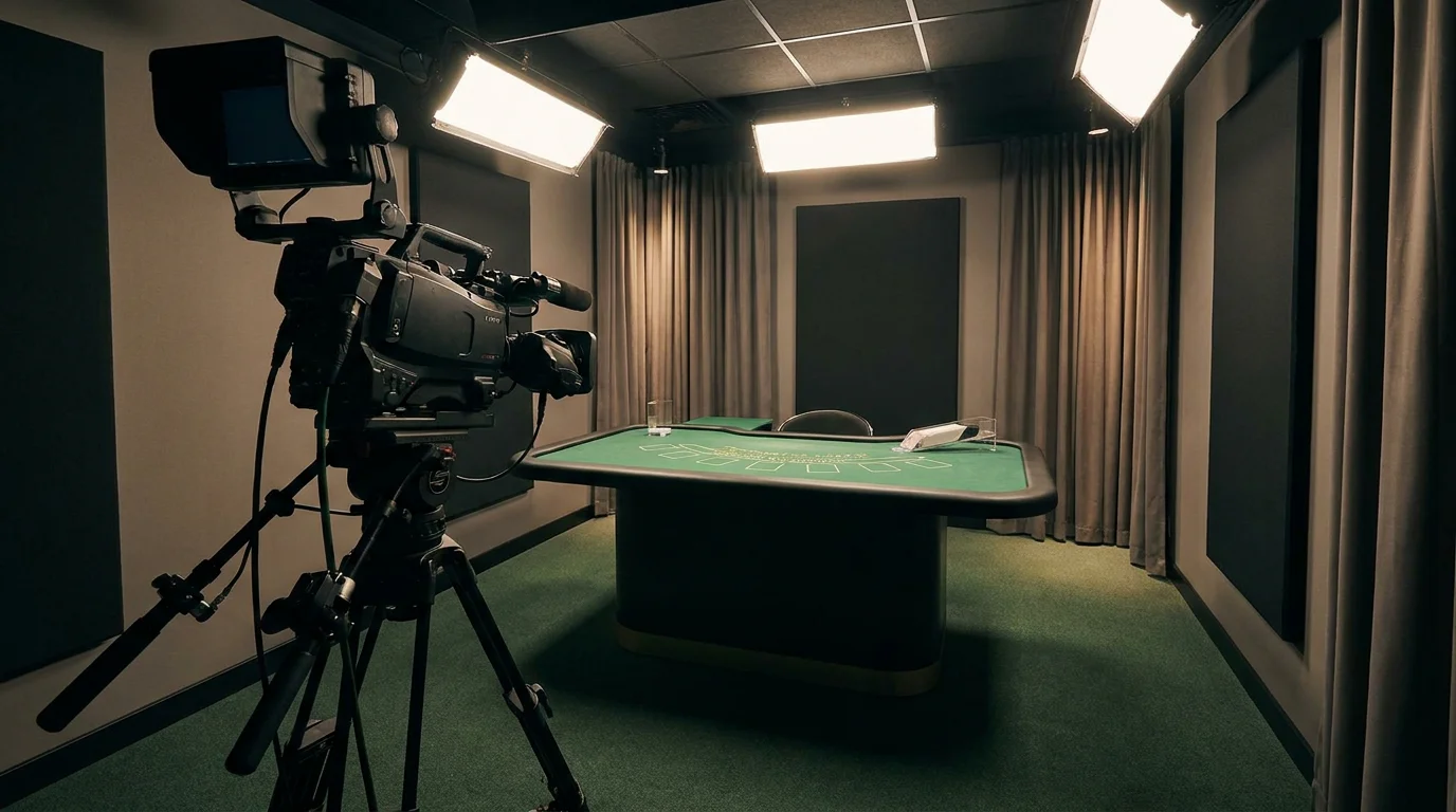 Studio-Aufbau eines Live-Casino-Tisches mit Kamera und Bildschirm