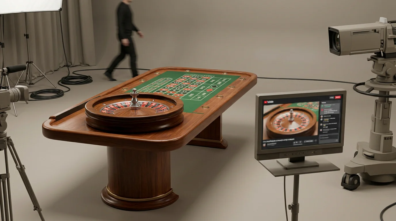Croupier am physischen Roulette-Tisch neben neutralem Videostream
