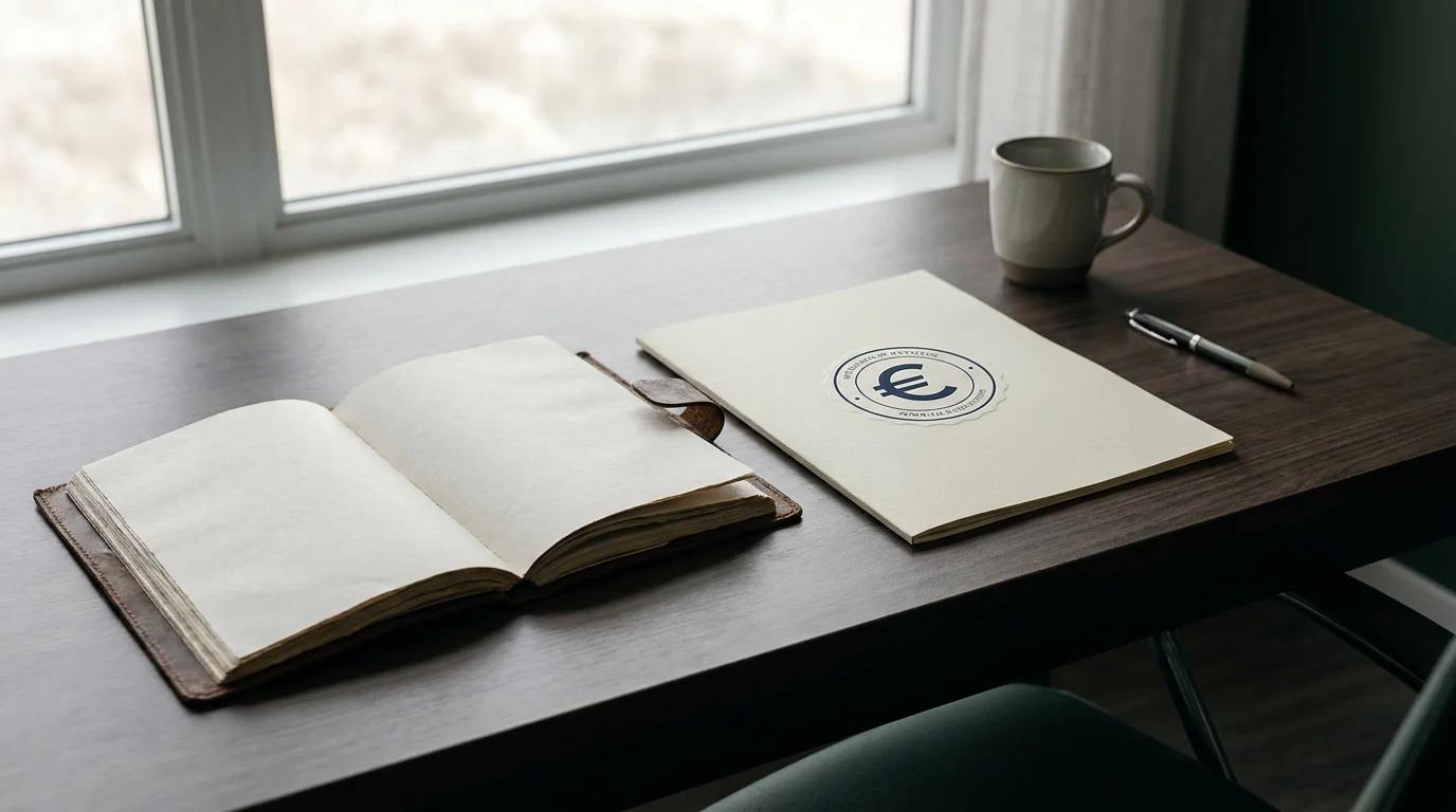 Symbolische 1000-Euro-Marke auf einem ruhigen Schreibtisch mit Notizbuch