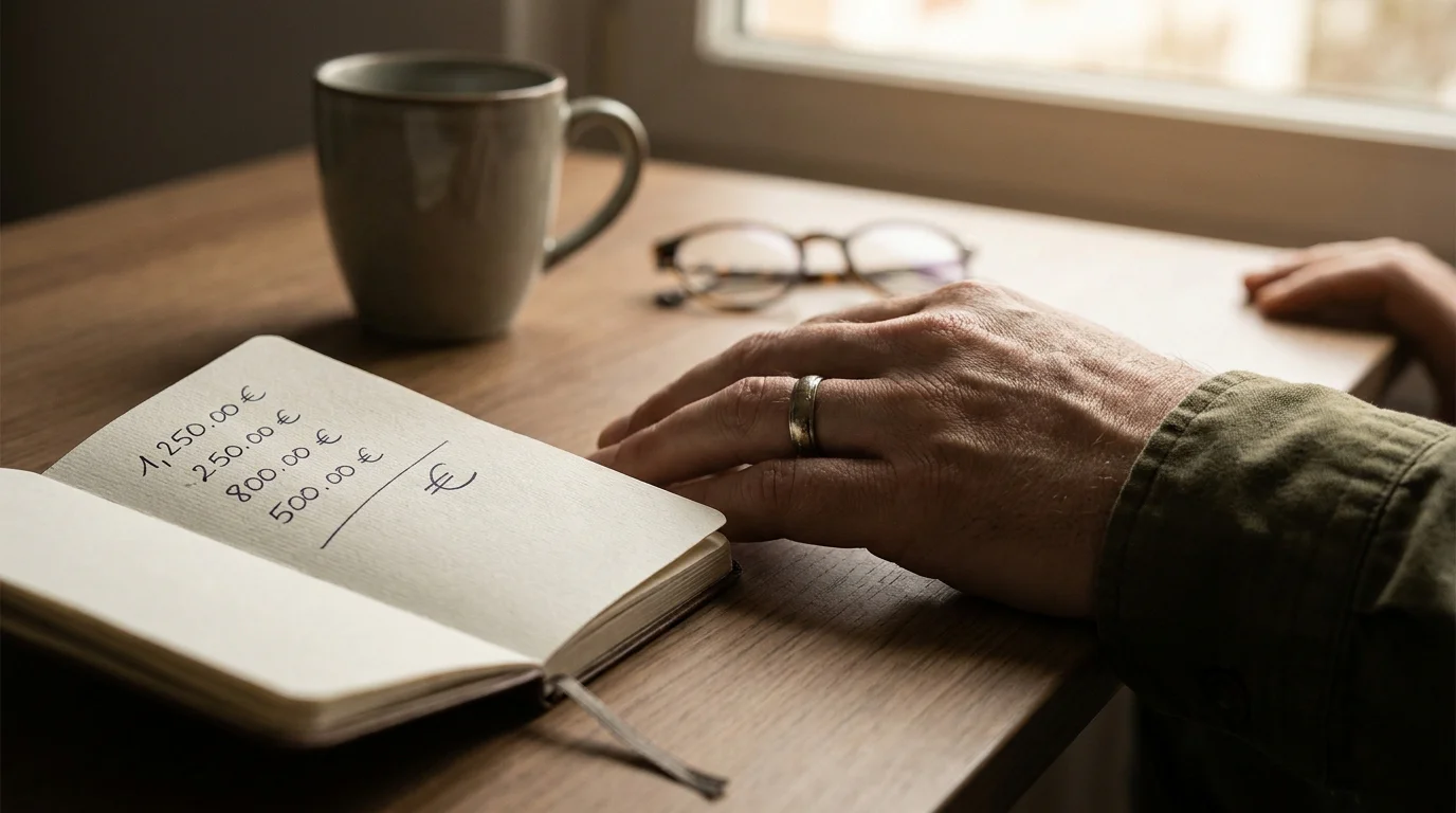 Nahaufnahme einer ruhigen Hand mit Münzen und einem Notizbuch für Mindestbeträge