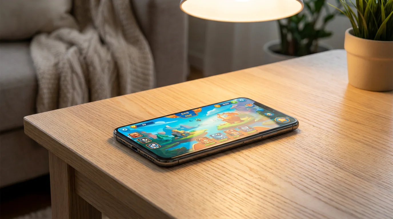 Smartphone mit geöffneter Casino-App auf Tisch