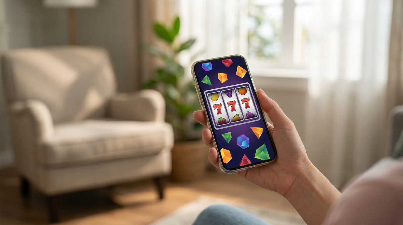 Hand hält ein Smartphone mit laufendem Spielautomaten im Browser
