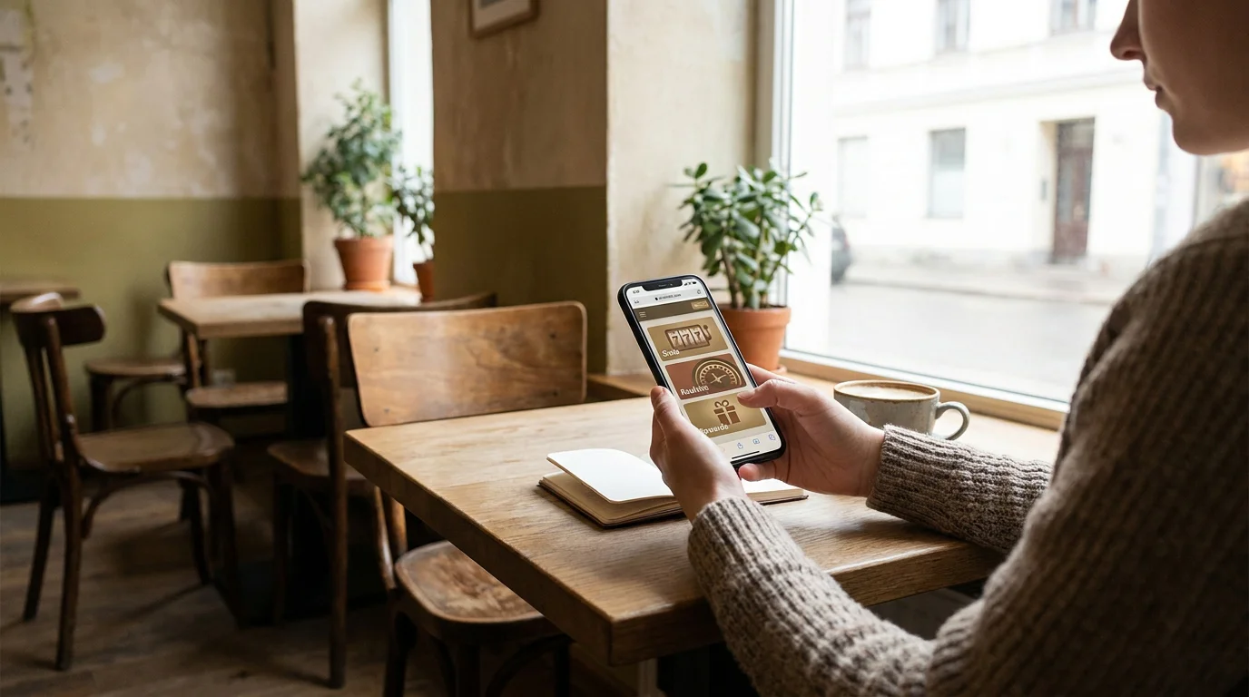 Person mit Smartphone in einer Café-Situation, auf dem Bildschirm eine Casino-Lobby im Mobile-Browser