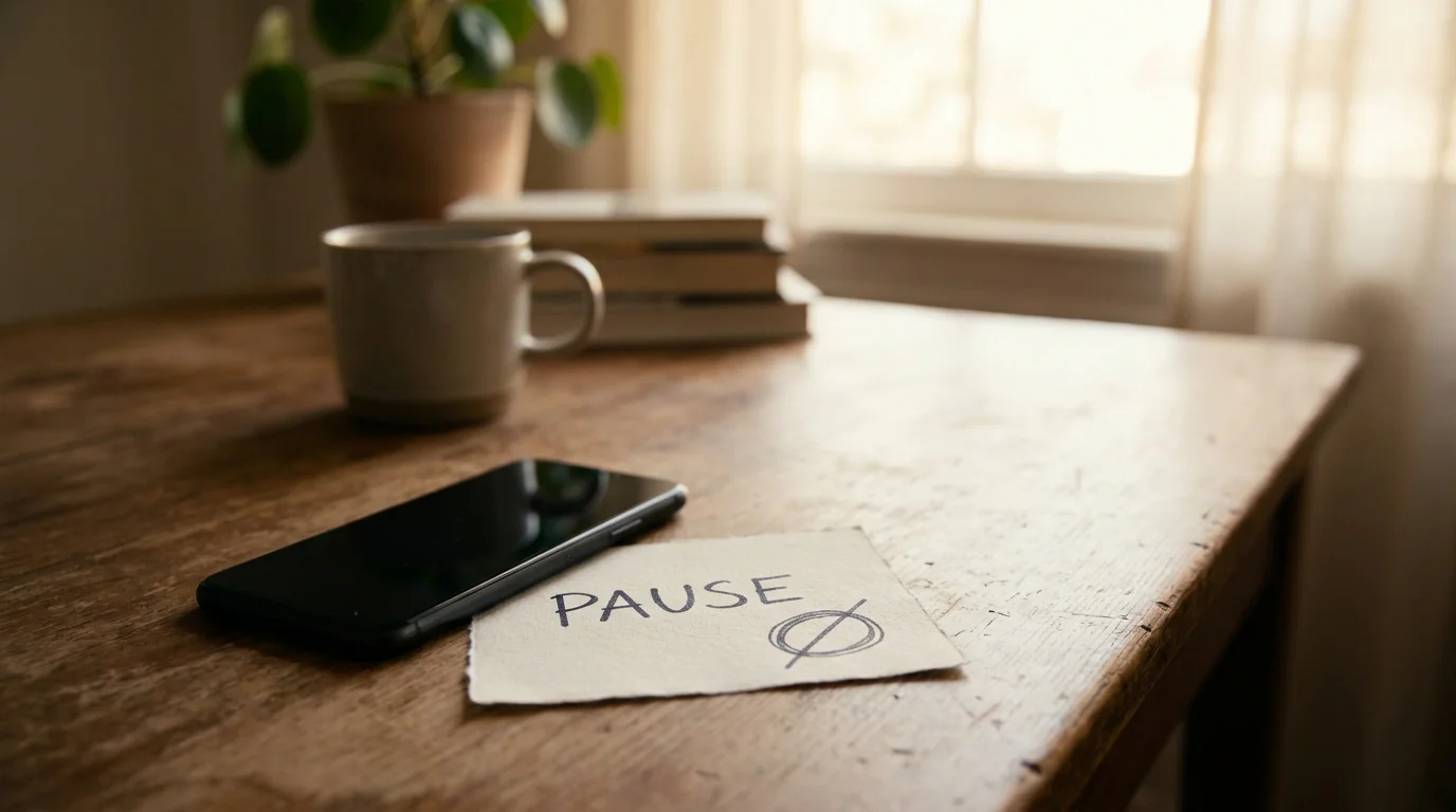 Ruhiger Arbeitsplatz mit einem Smartphone neben einer handschriftlichen Pausennotiz und einem einfachen Stopp-Symbol