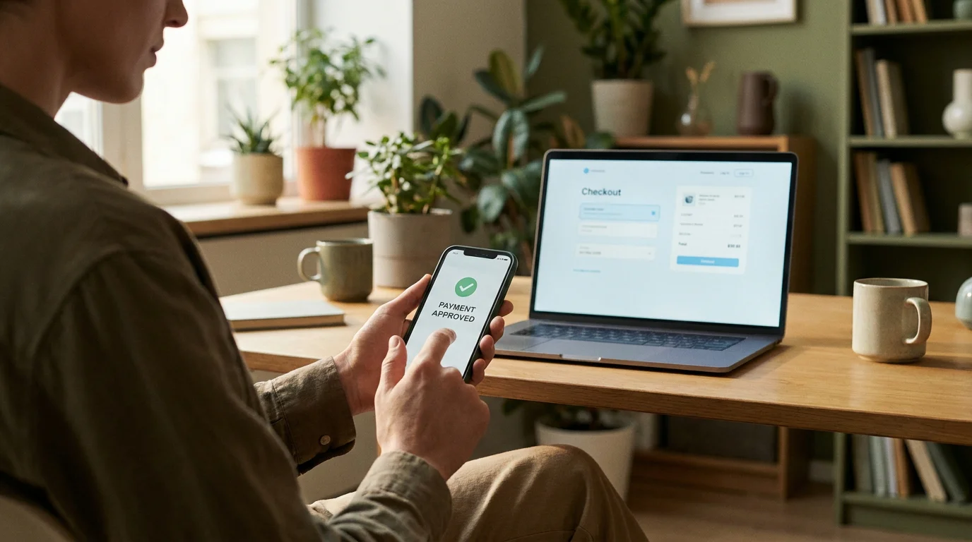Person am Schreibtisch mit Smartphone und Wallet-App