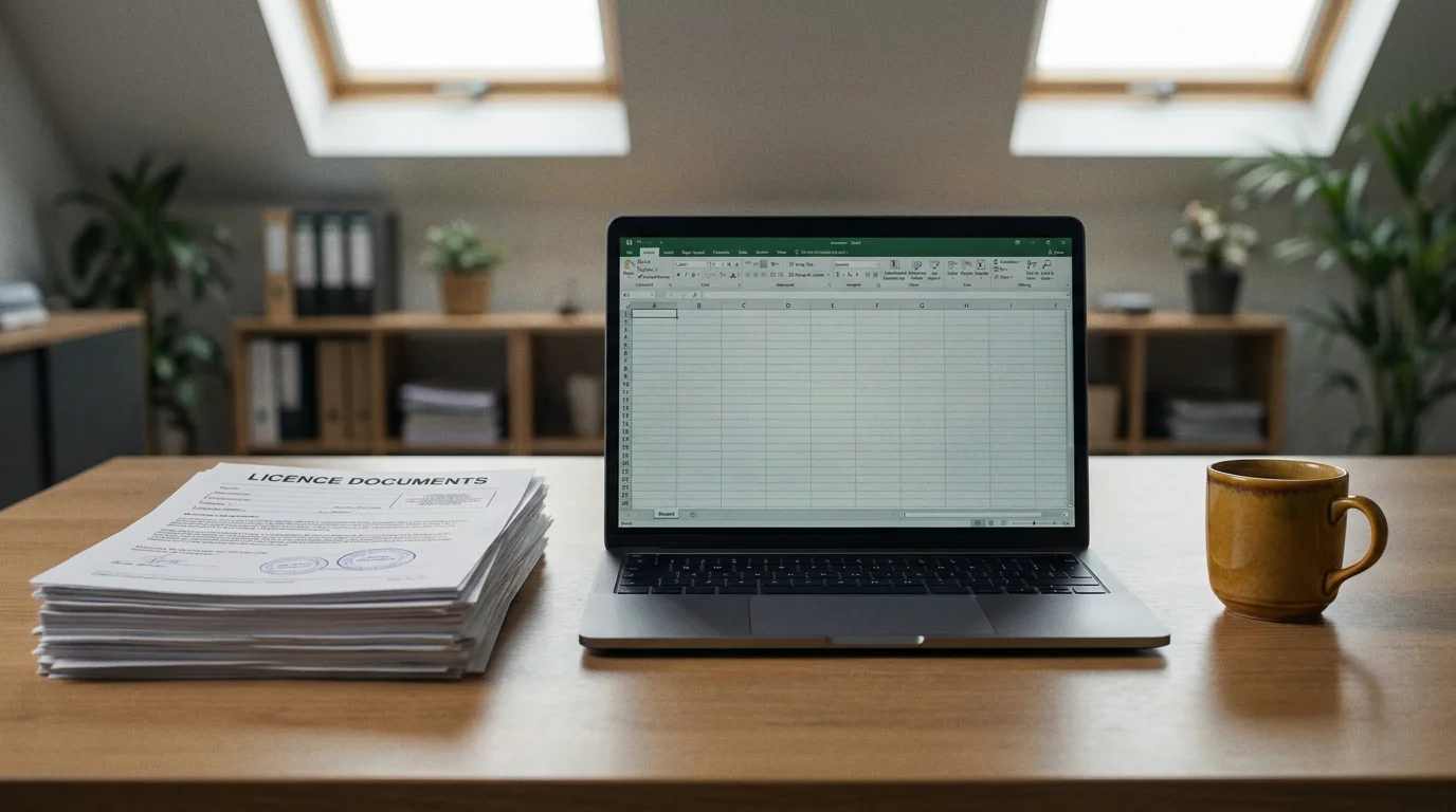 Bürotisch mit Stapeln aktueller Casino-Lizenzdokumente und einem aufgeklappten Laptop