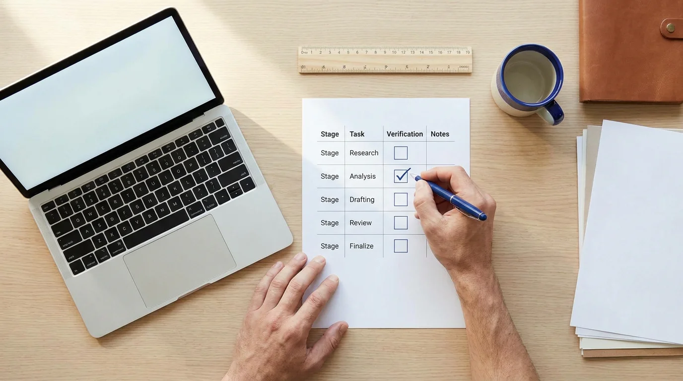 Checkliste mit Domain, Register, Spielen und Auszahlung auf einem neutralen Schreibtisch
