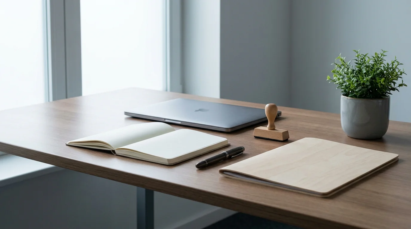 Hero-Visual: aufgeräumter Schreibtisch mit Laptop, Notizbuch und Stempel-Notizblock, kein Text, keine Logos