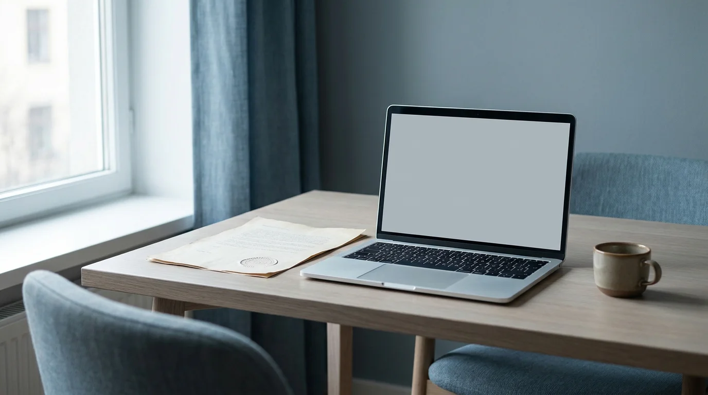 Schreibtisch mit Laptop, geöffnetem Dokument mit Stempel und Tasse bei Tageslicht