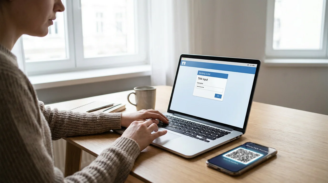 Person beim Online-Banking-Login auf einem Laptop mit PhotoTAN-Bestätigung auf dem Smartphone