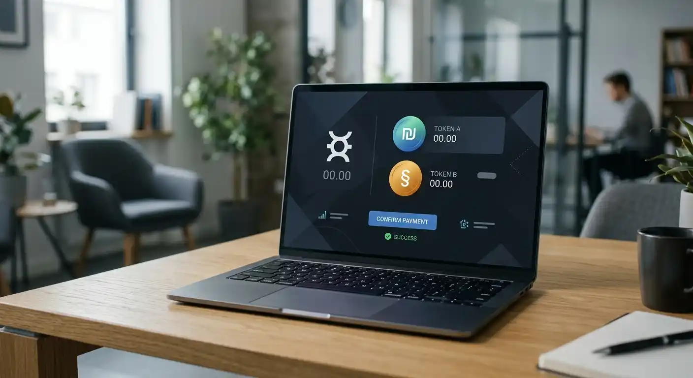 Abstrakte Zahlungssymbole auf einem neutralen Laptop ohne Markenlogo