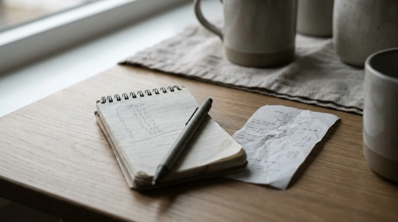 Notizblock mit handschriftlichen Zahlen und Quittung auf dem Schreibtisch