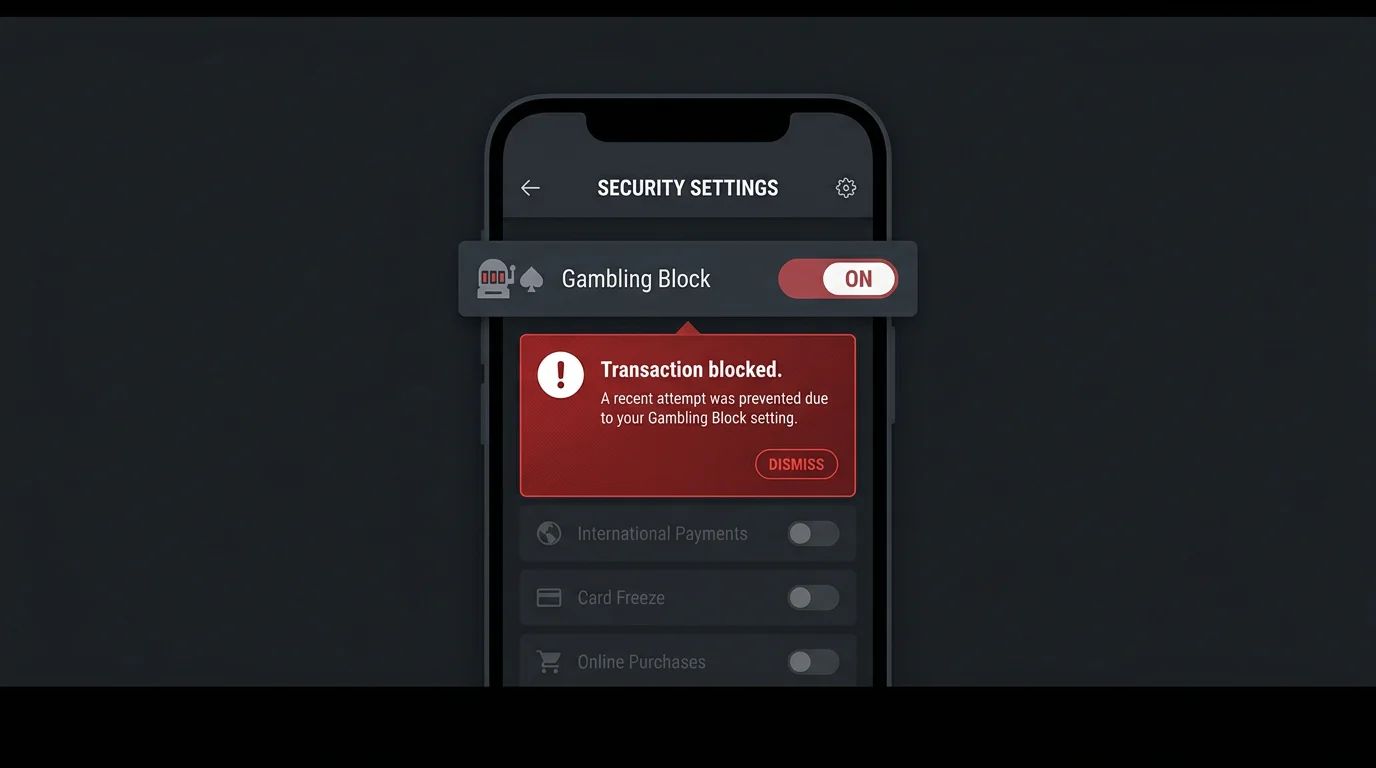 Revolut-App mit aktiviertem Gambling Block und gesperrter Transaktion