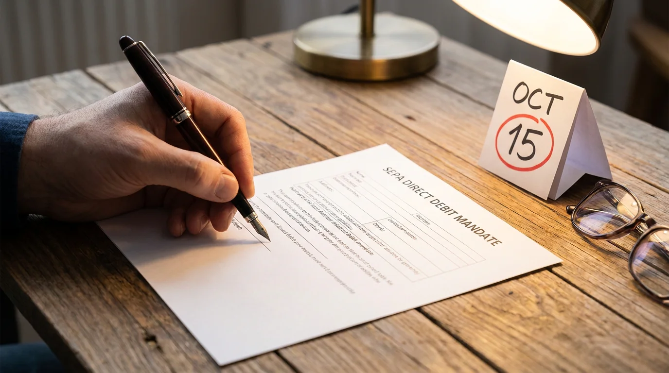 Hand unterschreibt ein SEPA-Lastschriftmandat auf Papier mit kleinem Kalender-Icon für die 8-Wochen-Frist