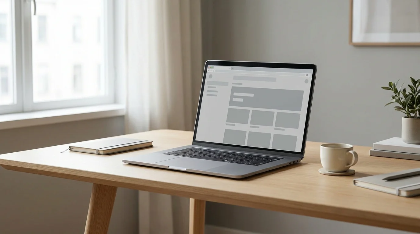 Laptop mit neutraler Casino-Plattform auf einem aufgeräumten Schreibtisch