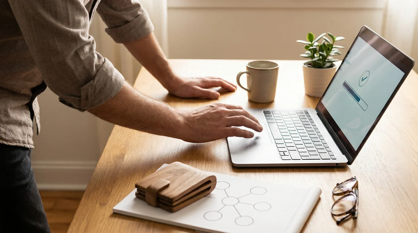 Neutrale Einzahlungsszene mit Laptop, Walletsymbol und Bestätigungsfenster