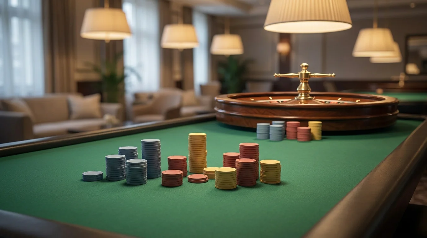 Live-Croupier-Tisch in gedämpfter Beleuchtung mit Symbol-Sichtschutz statt konkreter Marken