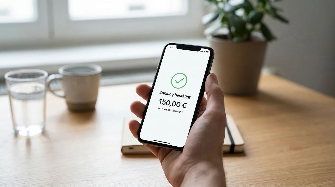 Smartphone mit deutscher Banking-App und einer neutralen Bestätigungsanzeige einer Sofort-Überweisung