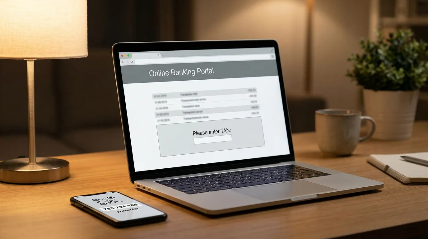 Smartphone-Display mit einer Banking-App und TAN-Eingabe neben einem Laptop mit Casino-Kasse