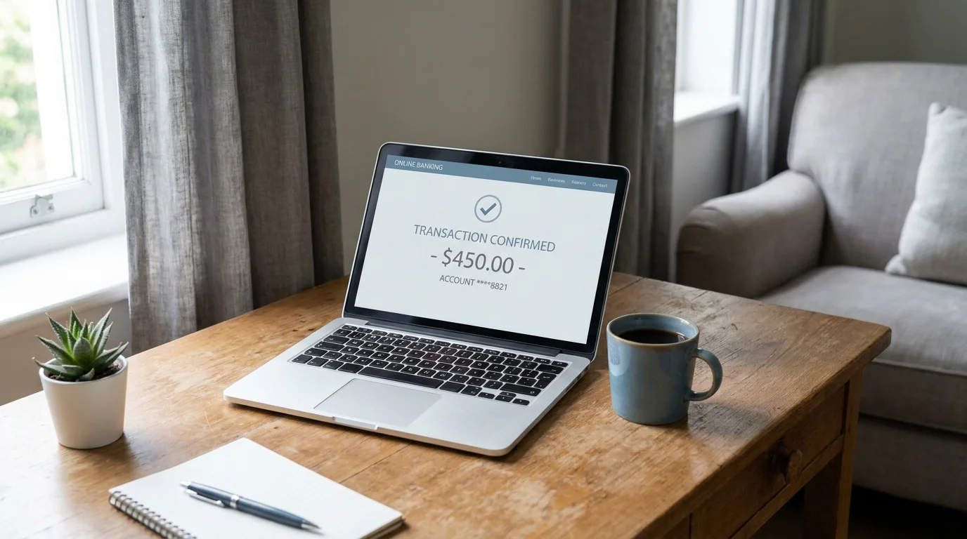 Laptop mit Online-Banking-Oberfläche und einer Sofort-Überweisungs-Bestätigung