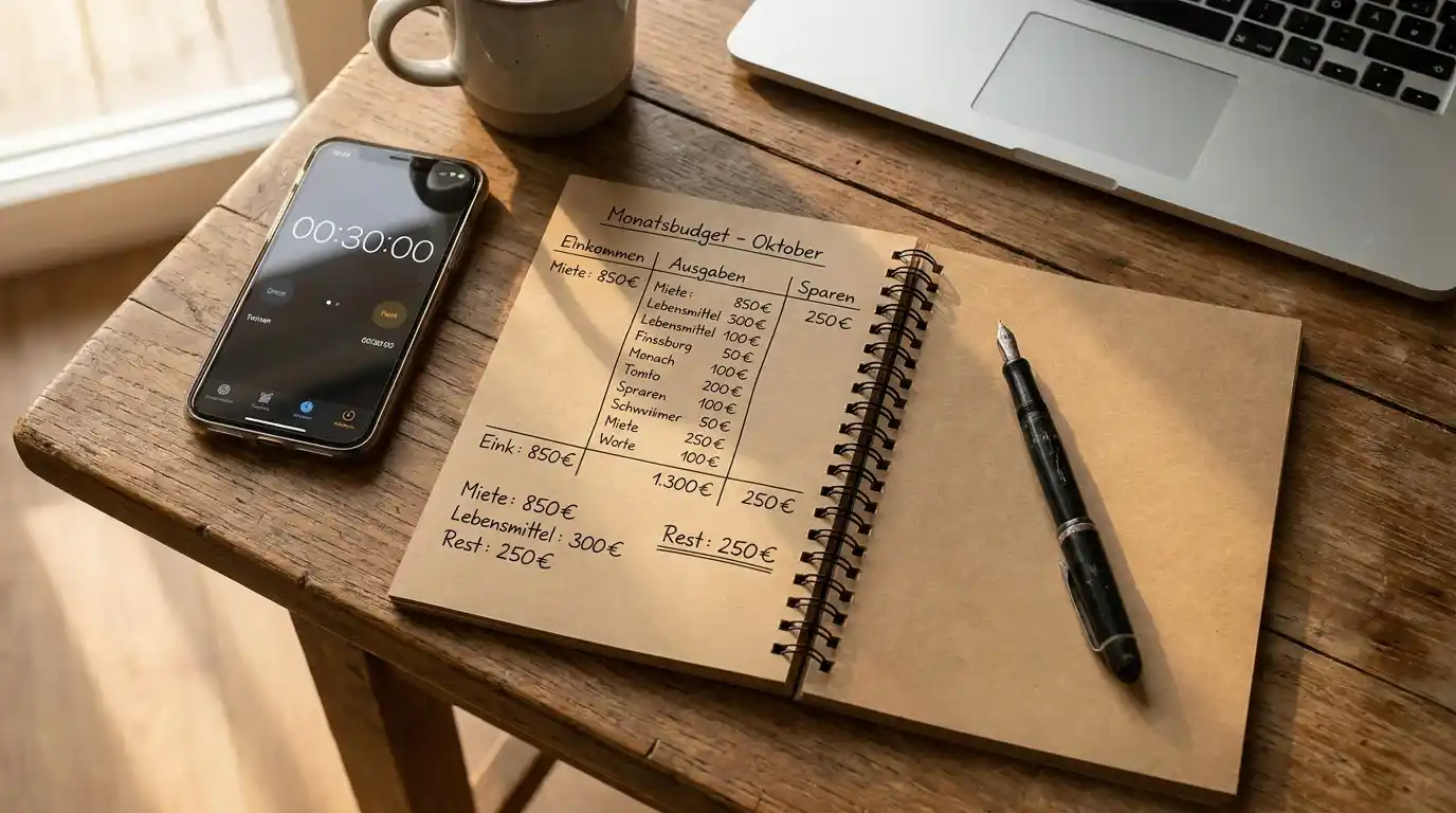 Notizbuch mit handgeschriebenem Budget-Plan und Timer auf Smartphone neben Laptop