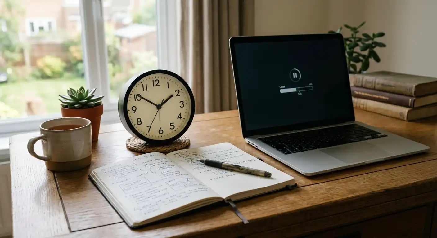 Ruhiger Schreibtisch mit Uhr und Notiz zu Spielpausen