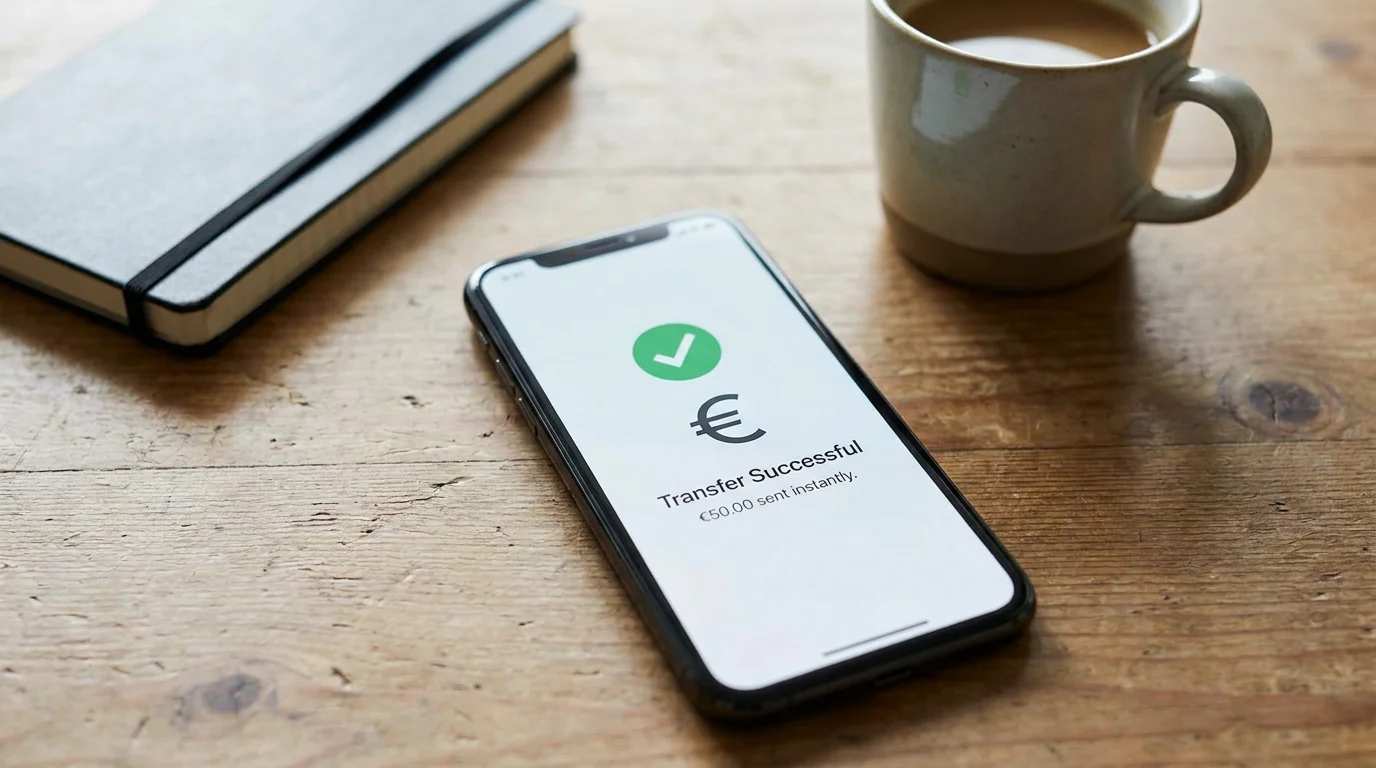 Smartphone-Banking-App mit einer eingegangenen Echtzeit-Überweisung aus einem Online-Casino