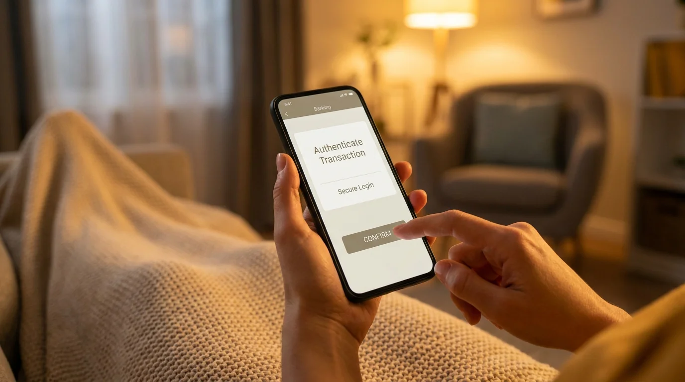 Hand bestätigt eine Trustly-Zahlung per Bank-App auf dem Smartphone