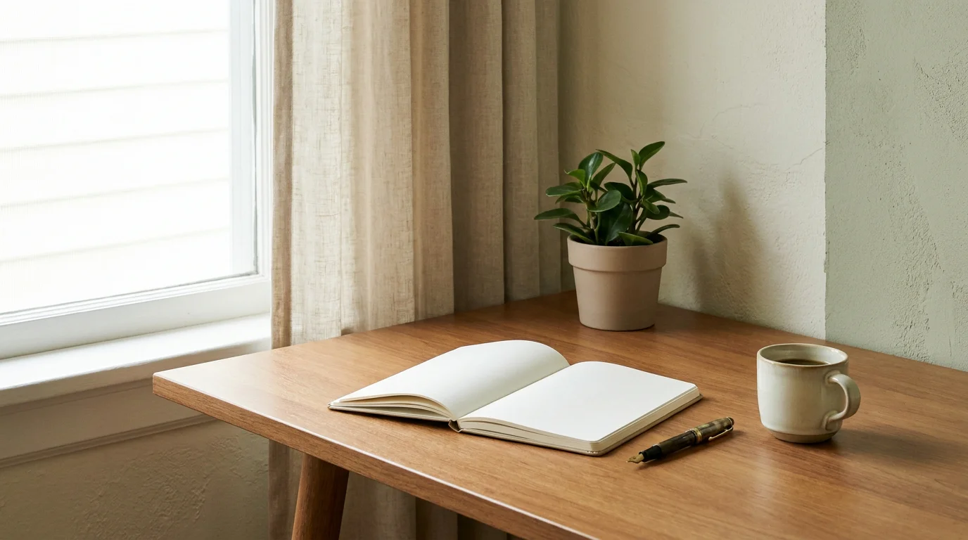 Ruhiger Arbeitsplatz mit Notizbuch, Stift und Tasse, Tageslicht, neutrale Atmosphäre