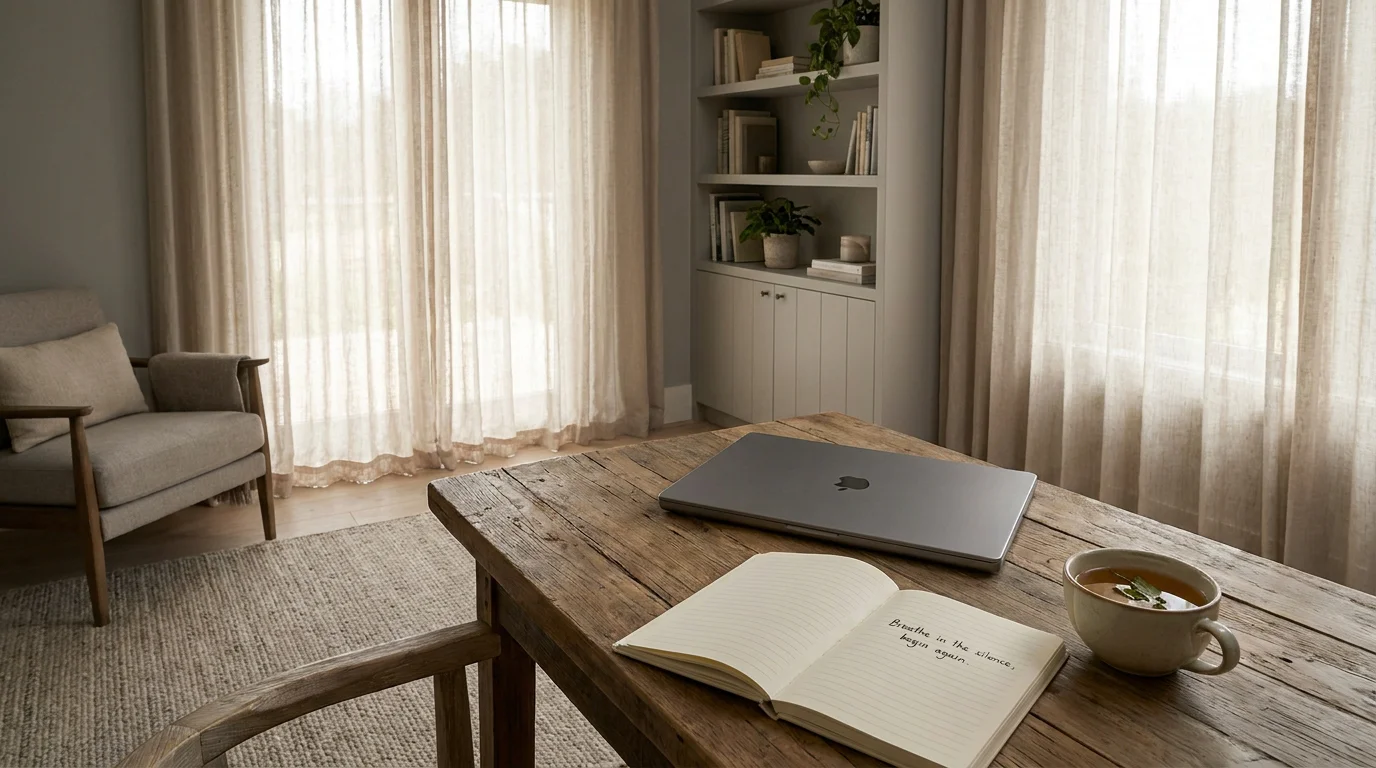 Stilles Homeoffice mit Blick auf eine Tastatur und einen linierten Notizblock, kein Bildschirmglühen, kein Glamour