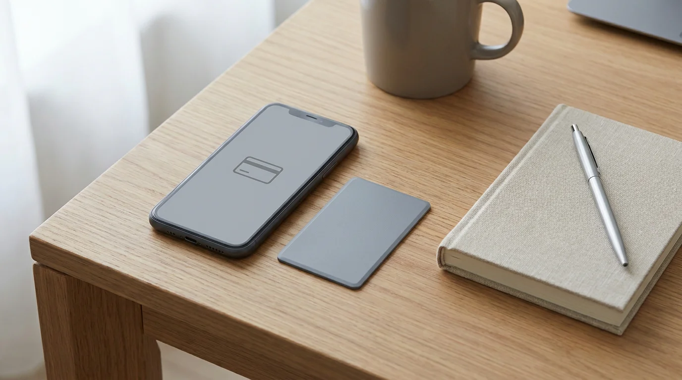 Smartphone mit neutraler Zahlungs-App und Notizbuch auf dem Schreibtisch